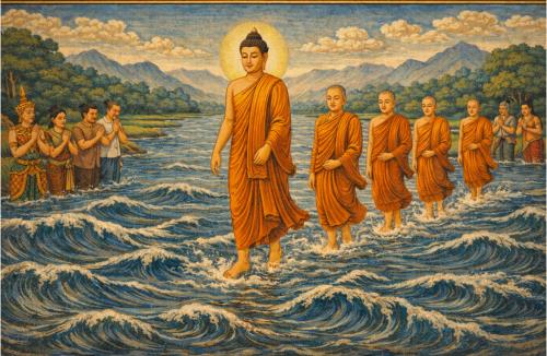 BUddha monks walking on river qua song